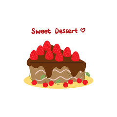Cute chocolate cake with topping strawberry and cherry. simple vector sweet dessert for kids icon