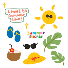 Cute collection of summer sticker set.simple vector  for icon or chat sticker