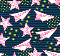 Hand drawn stars and paper planes with small dots. Vector abstract seamless pattern. Background for printing on fabrics and paper