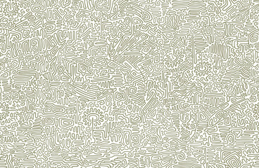 Seamless pattern with densely filled contour drawing in horizontal format. Fancy shapes, spirals, closed and open lines.