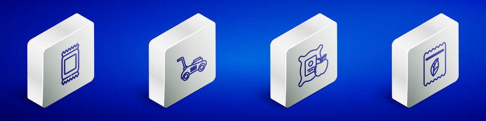 Set Isometric line Fertilizer bag, Lawn mower, Apple in the sack and Pack full of seeds of plant icon. Vector