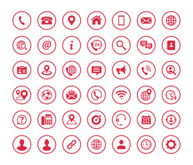 Set of 42 solid contact icons in circle shape. Red vector symbols.