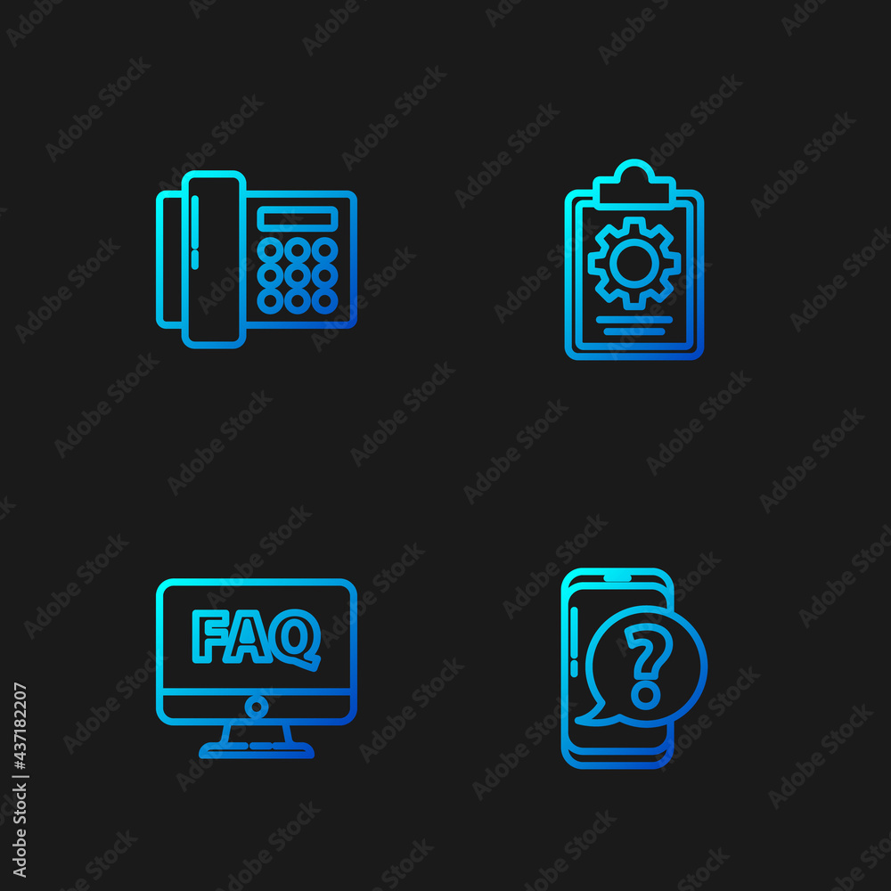 Poster set line mobile phone with question, computer monitor and faq, telephone and checklist 24 hours serv