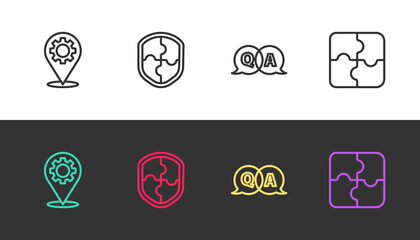 Set line Location with gear, Shield, Question and Answer and Piece of puzzle on black and white. Vector