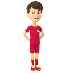 Fototapeta premium Cartoon character boy in sports uniform hid his hands behind his back. 3D rendering.