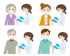 看護師からワクチン接種を受ける男女のイラストセット/白背景