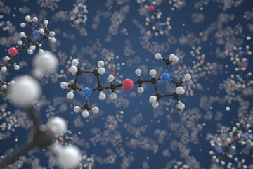Cuscohygrine molecule made with balls, conceptual molecular model. Chemical 3d rendering