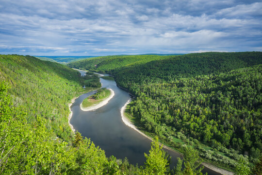 View on the Ristigouche river and New Brunswick from the Belvedere Horizon de Reve, located in St Alexis de Matapedia, in Quebec (Canada)