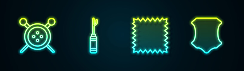 Set line Sewing button and knitting needles, Awl tool, Leather and . Glowing neon icon. Vector