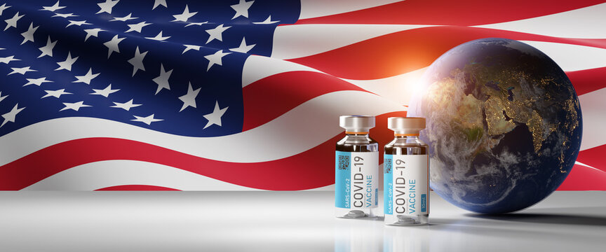 Vaccination campaign as July 4(Independence Day) deadline in Americans concept.two dose vaccine and world on white table on America flag background.Elements of this image furnished by NASA