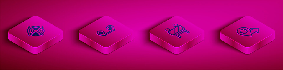 Set Isometric line Target sport, Route location, Road barrier and Location with house icon. Vector