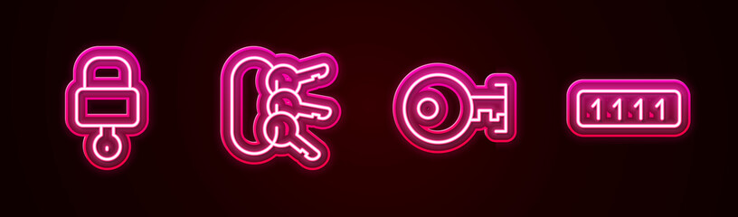 Set line Lock and key, Bunch of keys, Key and Password protection. Glowing neon icon. Vector