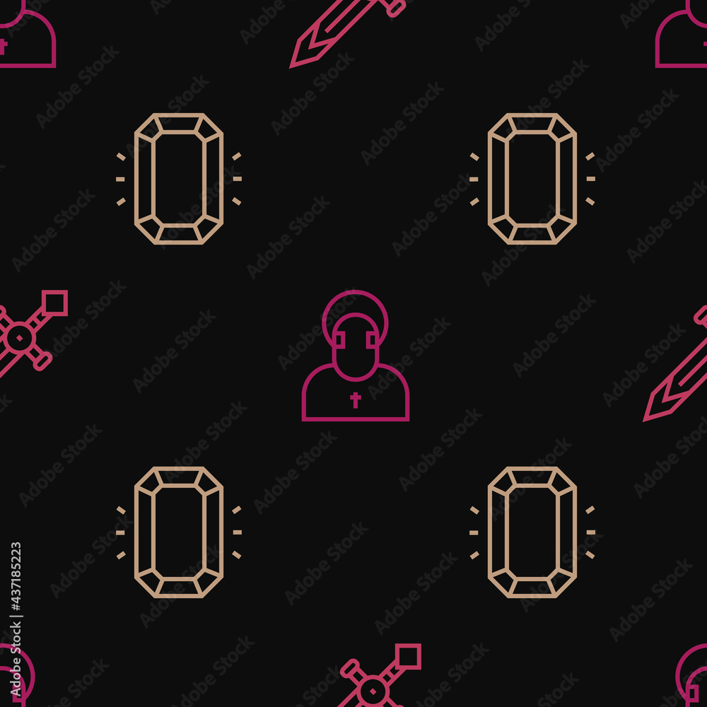 Poster set line medieval sword, diamond and monk on seamless pattern. vector