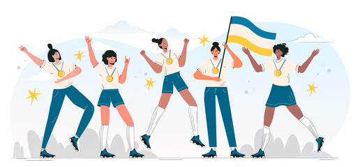 Group of young winner sporty women with champion gold medal. Happy athlete female friends after championship. Diverse girls team celebrating victory and success. Flat vector concept illustration