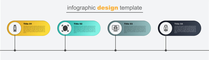 Set line Cyber security, System bug, Fingerprint and USB flash drive. Business infographic template. Vector