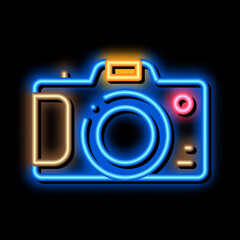 Camera neon light sign vector. Glowing bright icon Camera sign. transparent symbol illustration