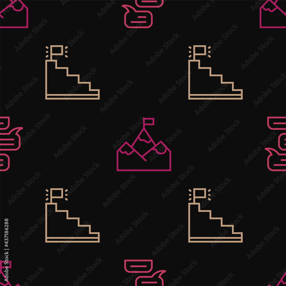 Poster set line speech bubble chat, stair with finish flag and mountains on seamless pattern. vector