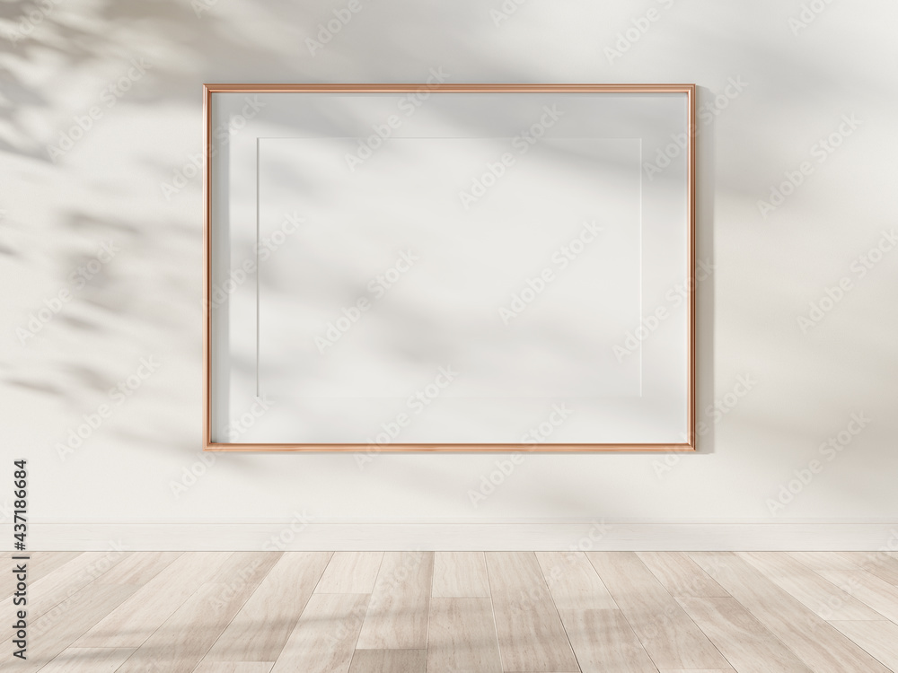 Poster golden frame hanging in bright interior mockup. template of a picture framed on a wall 3d rendering