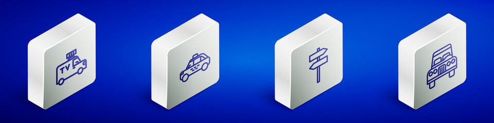 Set Isometric line TV News car, Taxi, Road traffic signpost and Car icon. Vector