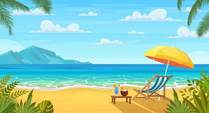 Summer tropical beach with sun loungers