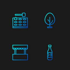 Set line Bottle of water, Ticket box office, Arcade game machine and Tree. Gradient color icons. Vector