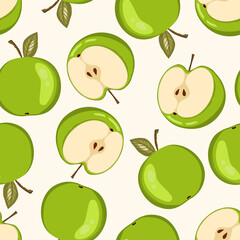 Seamless pattern with apple on white background. Natural delicious fresh ripe tasty fruit. Vector illustration for print, fabric, textile, other design. Stylized apples with leaves. Food concept