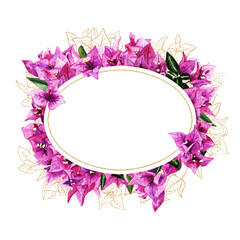 Frame with watercolor and golden bougainvillea flowers