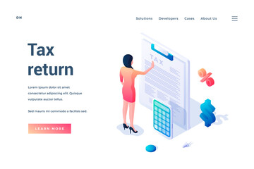 Tax return. Isometric landing page template. Income tax filling. Woman filling tax form. Revenue declaration. Web banner. Vector illustration