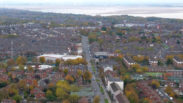 Aerial view of rooftops of residential district in Liverpool, northwest England.