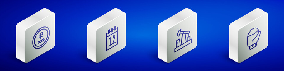 Set Isometric line Rouble, ruble currency, Calendar 12 june, Oil pump or pump jack and Christmas mitten icon. Vector