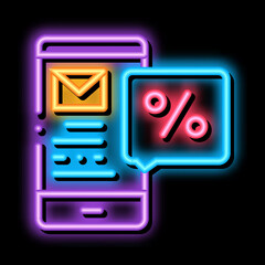 Phone Message about Percent neon light sign vector. Glowing bright icon Phone Message about Percent sign. transparent symbol illustration