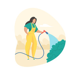 Gardener is watering bushes. Caring for park and garden vegetation. Woman in uniform carefully waters plants with hose. Beautiful and cool green meadow in heat. Vector flat illustration isolated
