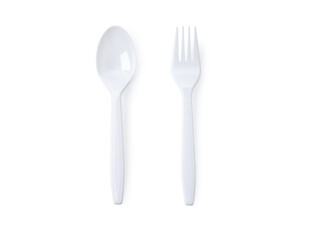 White plastic spoon with fork on white background