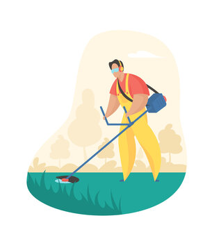 Mowing grass with trimer. Man in uniform smoothing grass with electric scythe Service for maintenance parks and gardens. Face shield and earmuffs. Vector flat illustration isolated