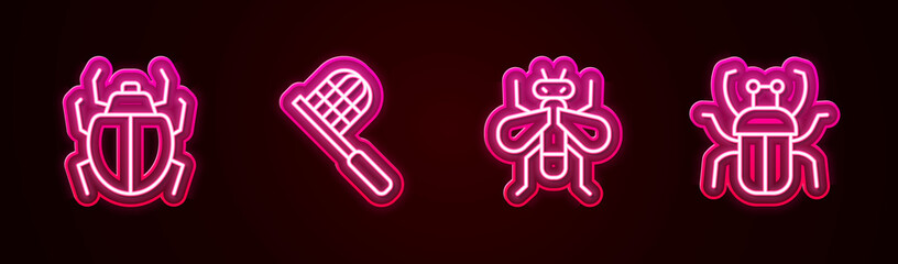 Set line Mite, Butterfly net, Insect and Stink bug. Glowing neon icon. Vector