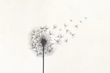 Fotobehang Illustration of dandelion vanishing in the air with the wind, surreal concept symbol © fran_kie