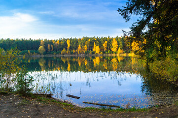 Fototapeta na wymiar Beautiful forest lake old quarry on a clear autumn day. Forest gave.