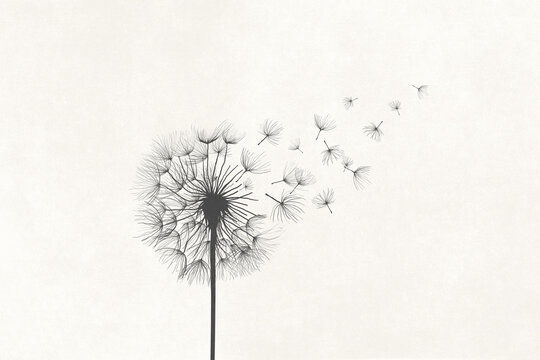 Illustration of dandelion vanishing in the air with the wind, surreal concept symbol