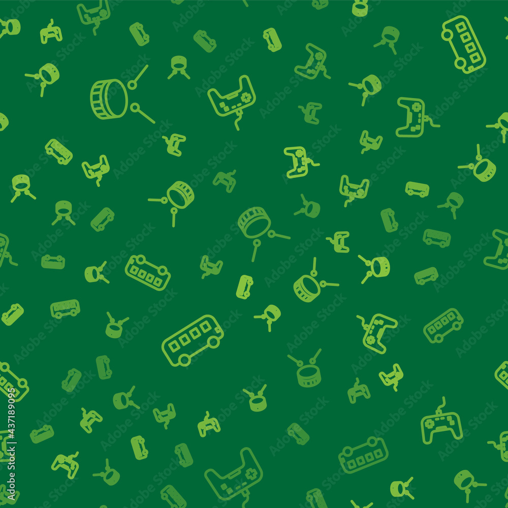 Poster set line drum with drum sticks, bus toy and gamepad on seamless pattern. vector