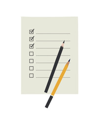 Vector illustration of checklist with pencils, isolated on white. Hand-drawn set in flat style. Concept of planning, goals, to-do list, completion of tasks. Stationery.