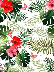 Fotobehang Tropische Bladeren Tropical vector seamless background. Jungle pattern with exitic flowers, and palm leaves. Stock vector. Jungle vector vintage wallpaper  © Logunova  Elena
