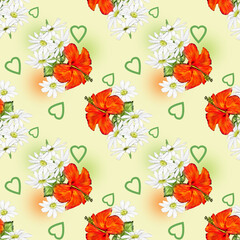 Creative composition with the image of bouquets and flowers. Decorative seamless background with a summer theme. Material for printing on paper or fabric.