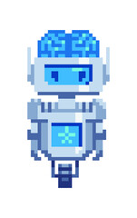 Chat bot online assistant, robot android pixel art character. Cyber brain, Artificial Intelligence. Isolated vector illustration. 8-bit sprite. Design stickers, logo, mobile app.