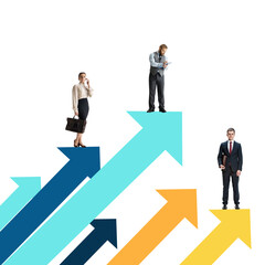 Fototapeta premium Business concept. Young people, office workers or clerks in office suit isolated on blue background. Collage, illustration