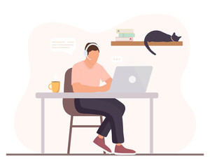 Man is working  at the desktop with a laptop and headphones with microphone at home. Concept illustration for support, assistance, call center. Vector illustration in cartoon style