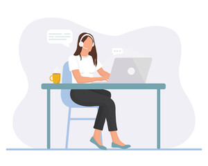 Woman is working  at the desktop with a laptop and headphones with microphone. Concept illustration for support, assistance, call center. Vector illustration in cartoon style