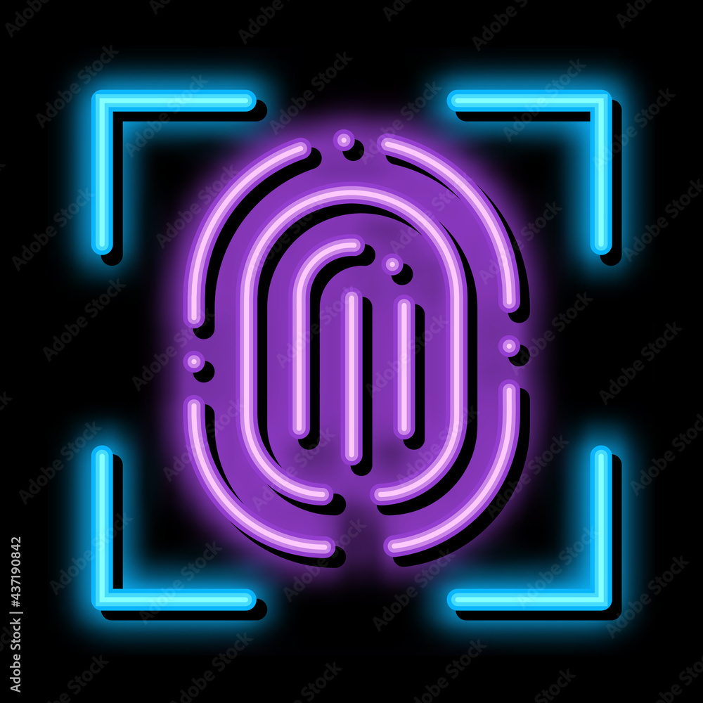 Poster scan fingerprint close-up neon light sign vector. glowing bright icon scan fingerprint close-up sign