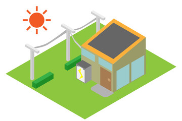 アイソメトリックな家庭用蓄電池と太陽光パネルのある家