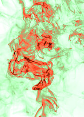 Red and green smoke on a white background.