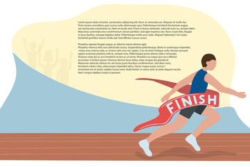 A fast runner crosses the finish line. Winner of a running competition. Athletics. Motivational banner, web page. Vector illustration